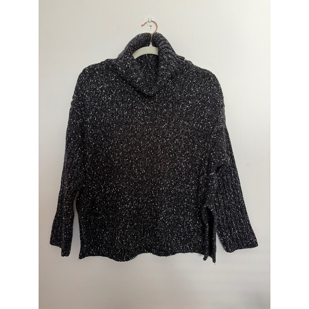 White + Warren Turtleneck Sweater Women M Black Marled Wool Blend Side Slit